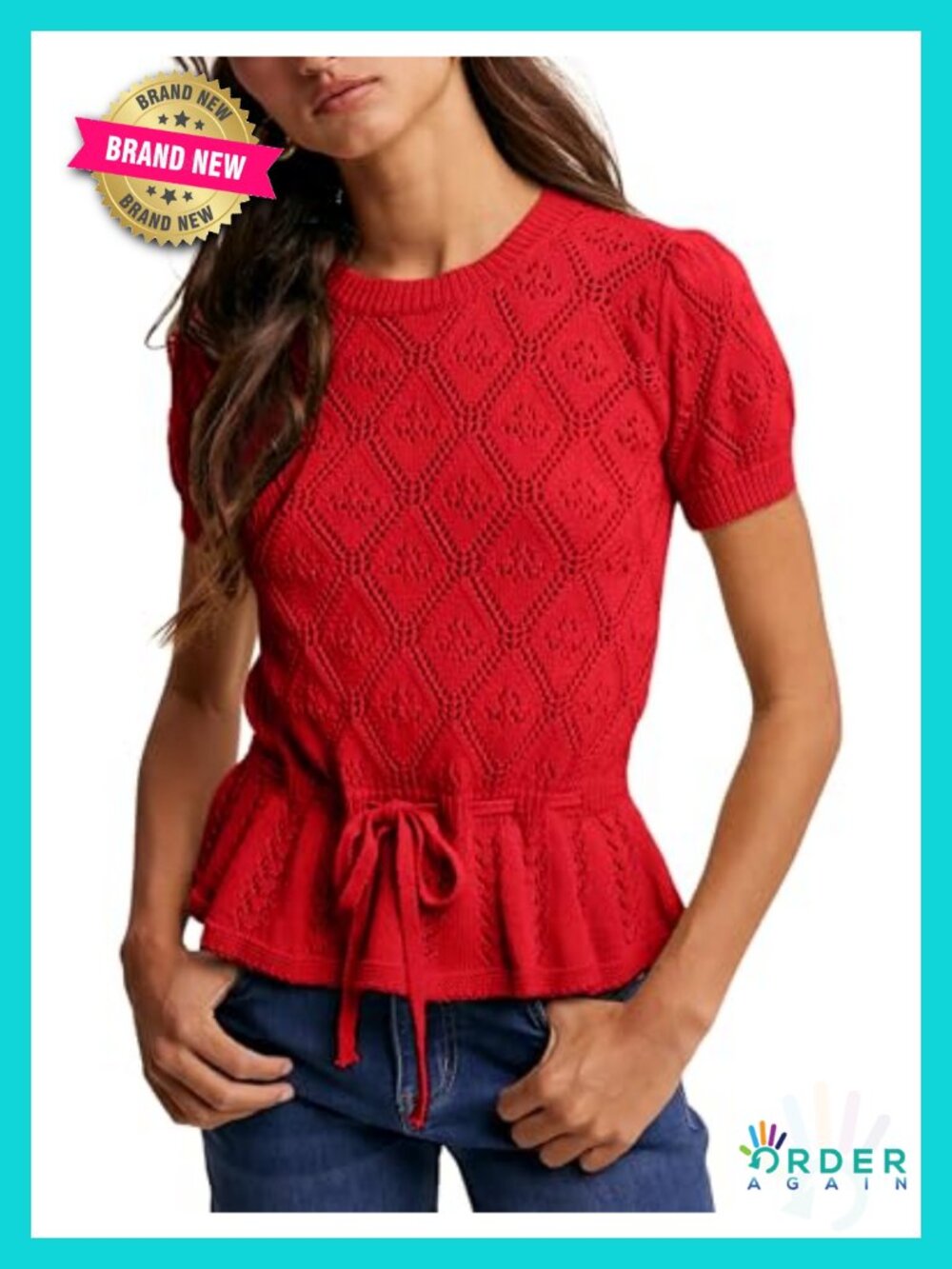 Women's Crochet Knit Peplum Top Short Sleeve Tie Front Sweater